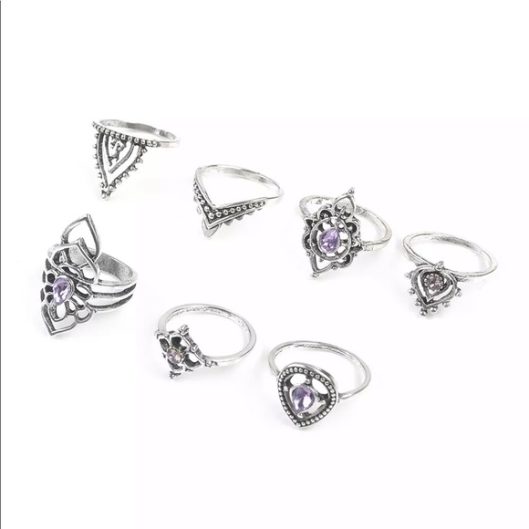 7Pc Vintage Boho Amethyst Rings - Picture 2 of 8